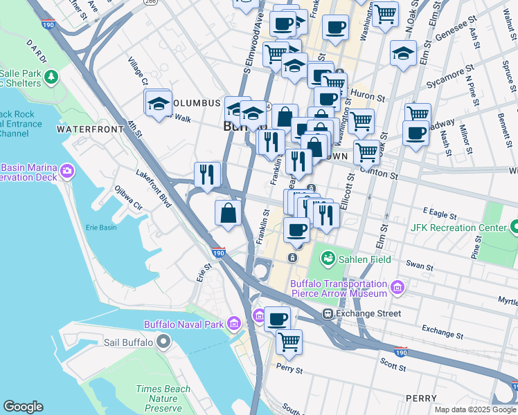 map of restaurants, bars, coffee shops, grocery stores, and more near 74 Franklin Street in Buffalo