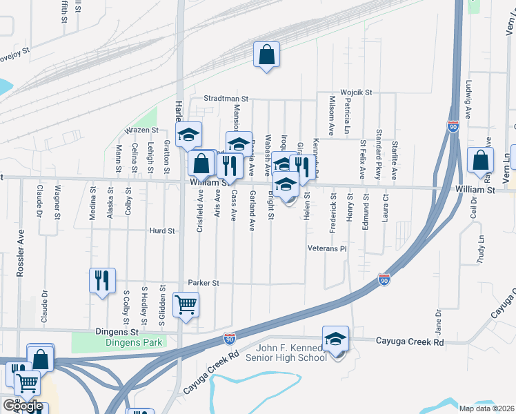 map of restaurants, bars, coffee shops, grocery stores, and more near 239 Garland Avenue in Cheektowaga