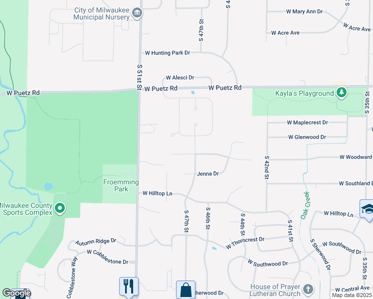 map of restaurants, bars, coffee shops, grocery stores, and more near 4732 West Woodward Drive in Franklin