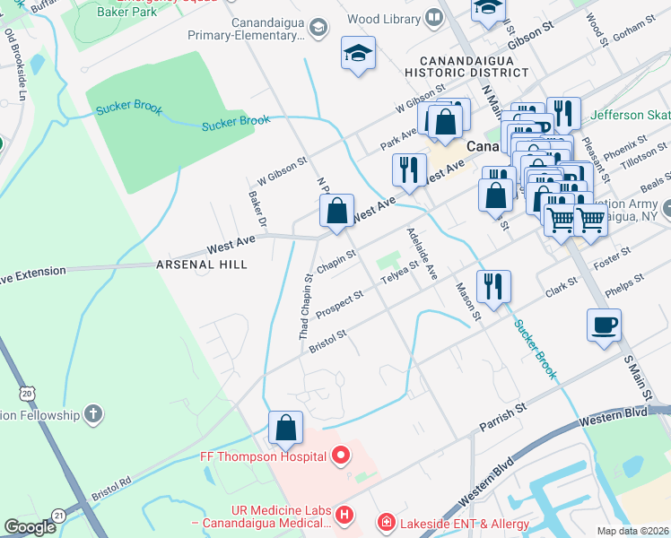 map of restaurants, bars, coffee shops, grocery stores, and more near 230 Chapin Street in Canandaigua