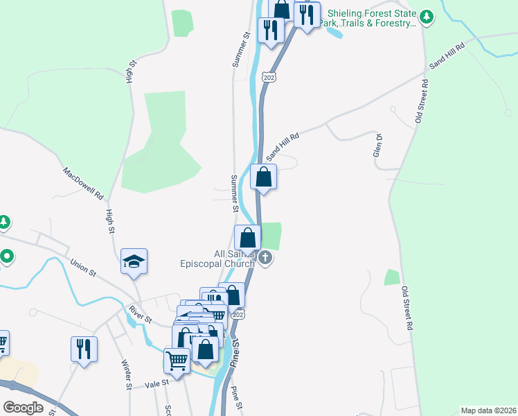 map of restaurants, bars, coffee shops, grocery stores, and more near 69 Concord Street in Peterborough
