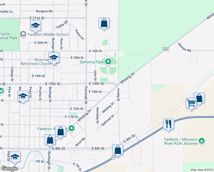 map of restaurants, bars, coffee shops, grocery stores, and more near 1307 East 15th Street in Yankton