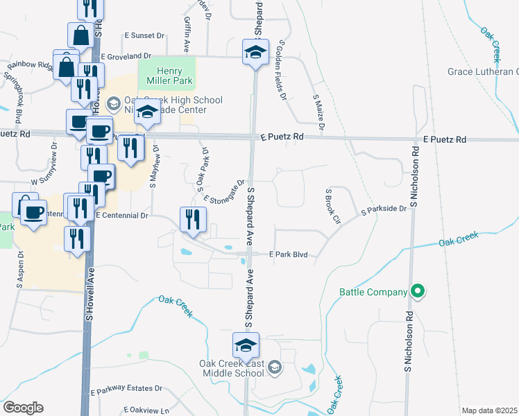 map of restaurants, bars, coffee shops, grocery stores, and more near 8845 South Elizabeth Drive in Oak Creek
