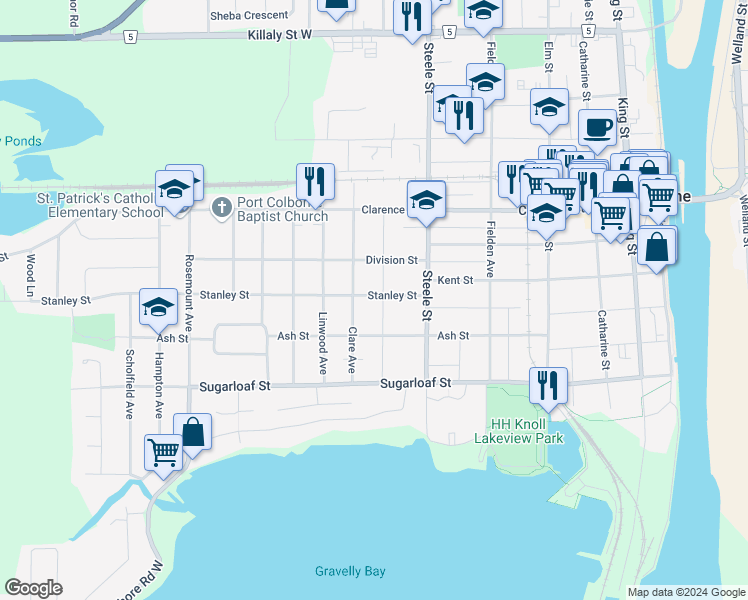 map of restaurants, bars, coffee shops, grocery stores, and more near 90 Forest Avenue in Port Colborne