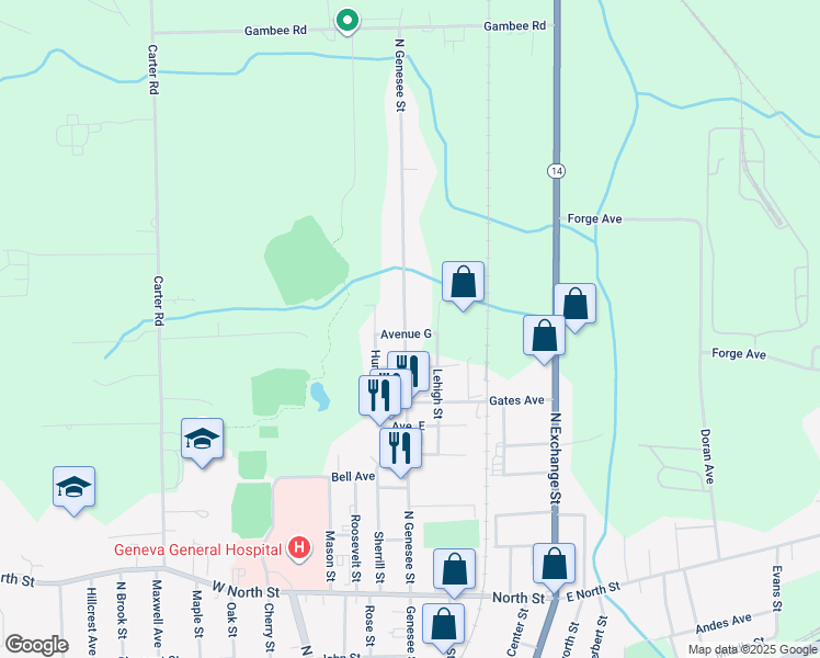 map of restaurants, bars, coffee shops, grocery stores, and more near 222 North Genesee Street in Geneva
