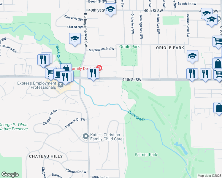 map of restaurants, bars, coffee shops, grocery stores, and more near 1490 44th Street Southwest in Wyoming