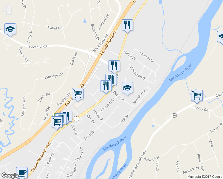 map of restaurants, bars, coffee shops, grocery stores, and more near 600 Daniel Webster Highway in Merrimack