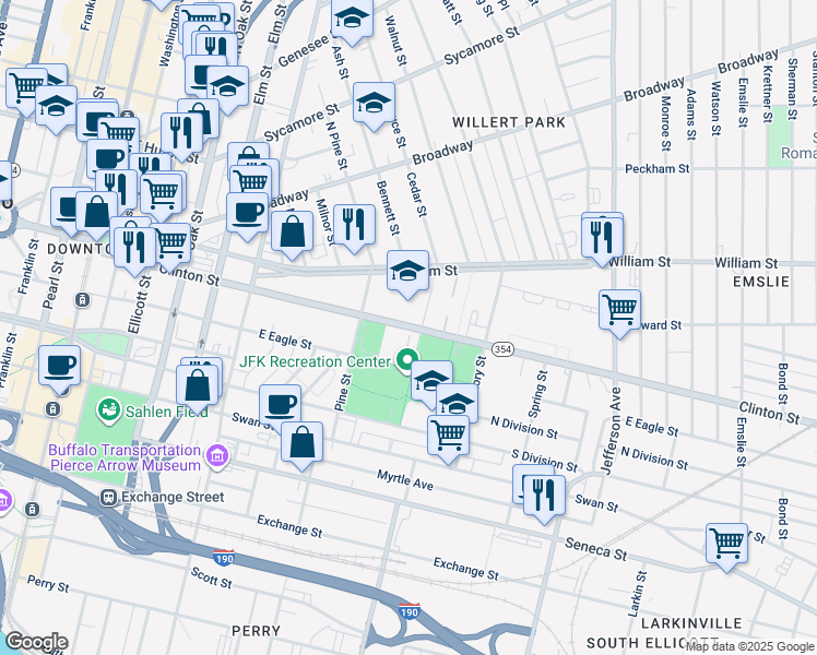 map of restaurants, bars, coffee shops, grocery stores, and more near 333 Clinton Street in Buffalo