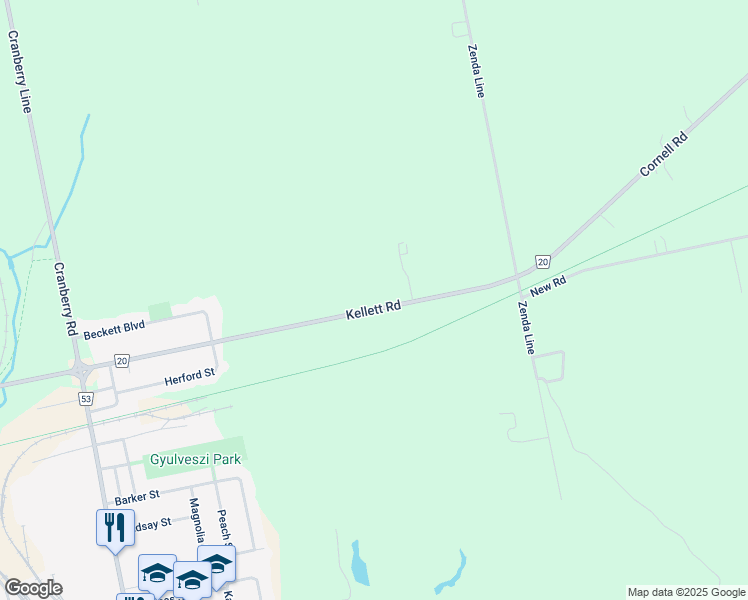 map of restaurants, bars, coffee shops, grocery stores, and more near 164577 Kellett Road in Tillsonburg