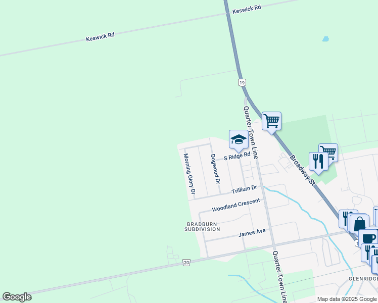 map of restaurants, bars, coffee shops, grocery stores, and more near 36 Morning Glory Drive in Tillsonburg
