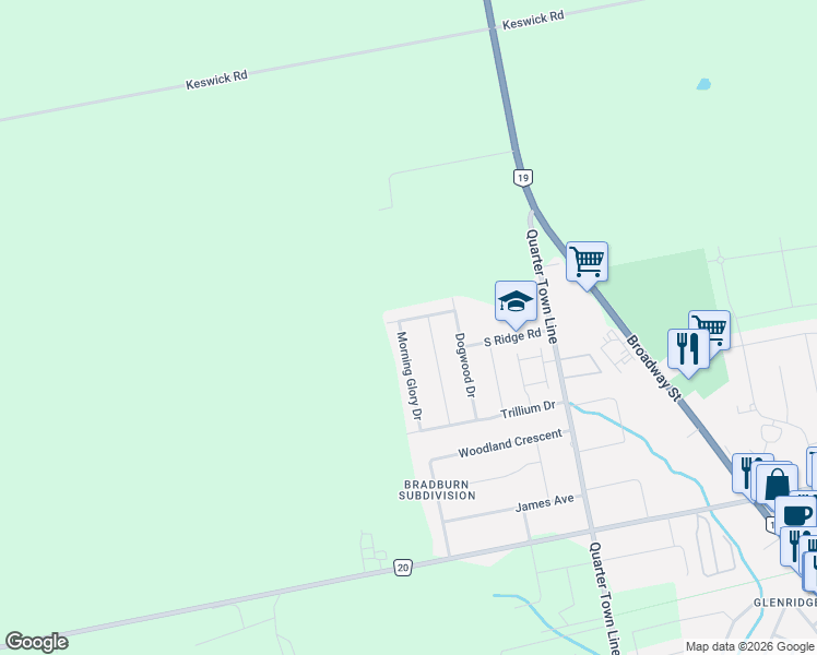 map of restaurants, bars, coffee shops, grocery stores, and more near 36 Morning Glory Drive in Tillsonburg