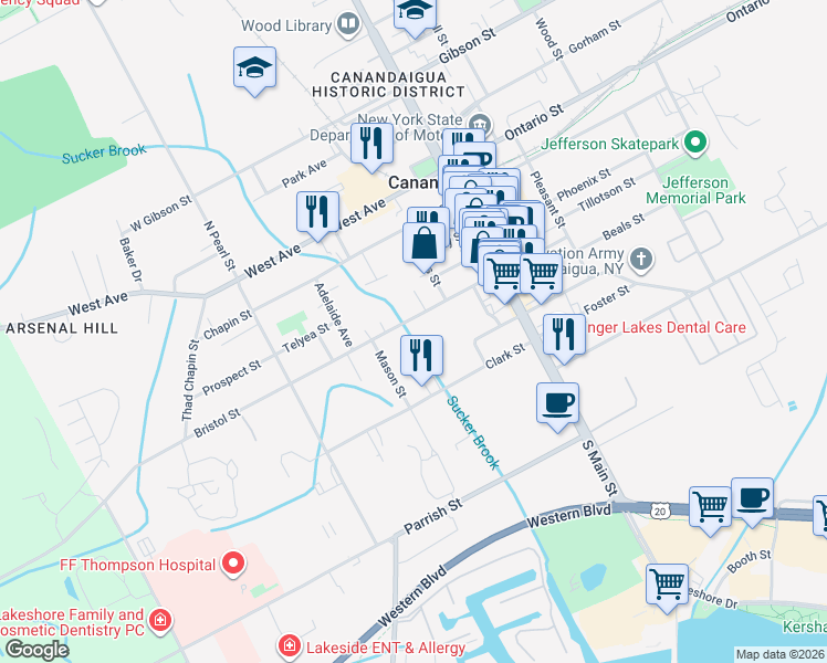 map of restaurants, bars, coffee shops, grocery stores, and more near 81 Bristol St in Canandaigua