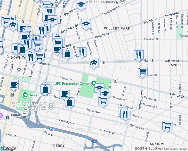 map of restaurants, bars, coffee shops, grocery stores, and more near 342 Clinton Street in Buffalo