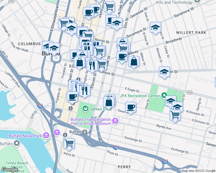 map of restaurants, bars, coffee shops, grocery stores, and more near 117 East Eagle Street in Buffalo