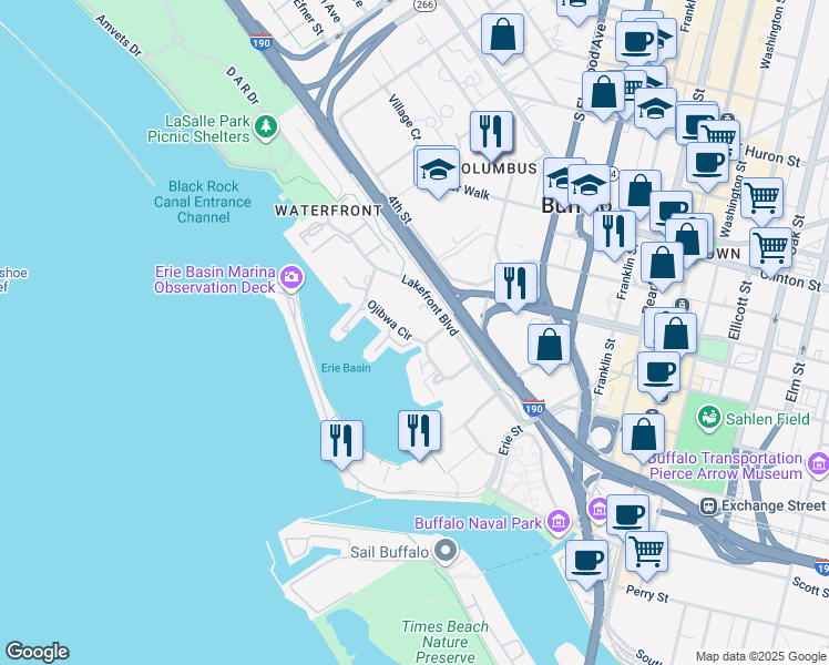 map of restaurants, bars, coffee shops, grocery stores, and more near 7 Ojibwa Circle in Buffalo
