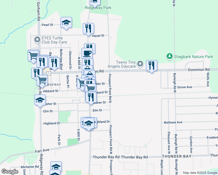 map of restaurants, bars, coffee shops, grocery stores, and more near 342 Prospect Point Road North in Fort Erie