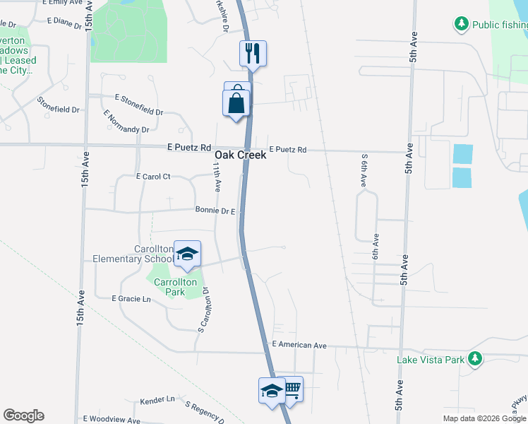 map of restaurants, bars, coffee shops, grocery stores, and more near 8830 South Chicago Road in Oak Creek