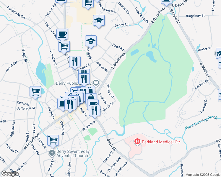 map of restaurants, bars, coffee shops, grocery stores, and more near 4 Fenway Street in Derry