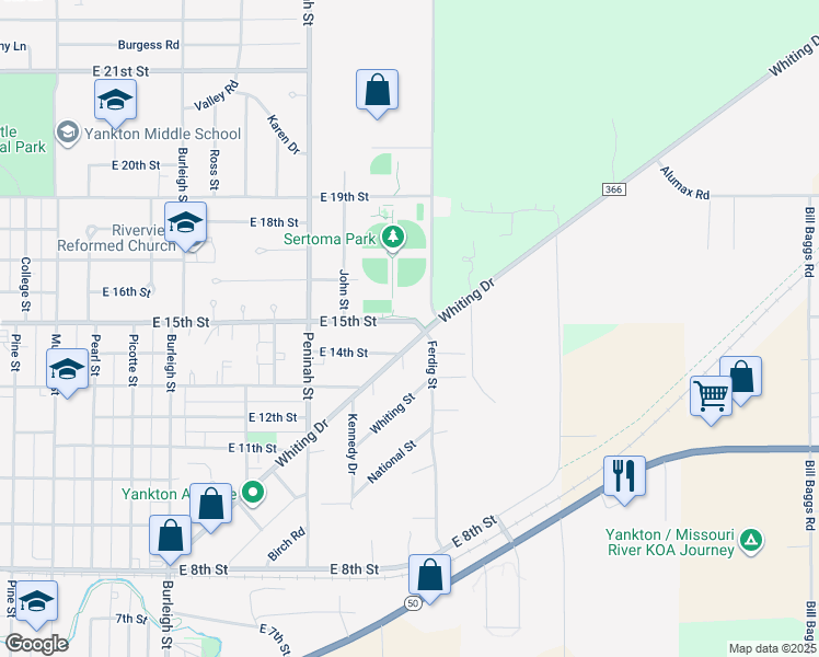 map of restaurants, bars, coffee shops, grocery stores, and more near 1307 East 15th Street in Yankton
