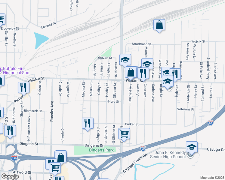map of restaurants, bars, coffee shops, grocery stores, and more near 122 Glidden Street in Buffalo