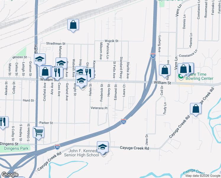 map of restaurants, bars, coffee shops, grocery stores, and more near 77 Henry Street in Cheektowaga