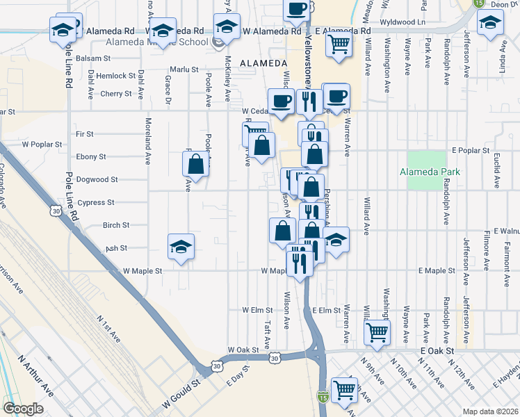 map of restaurants, bars, coffee shops, grocery stores, and more near 465 Taft Avenue in Pocatello