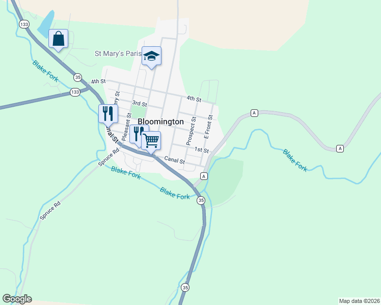 map of restaurants, bars, coffee shops, grocery stores, and more near 136 Prospect Street in Bloomington