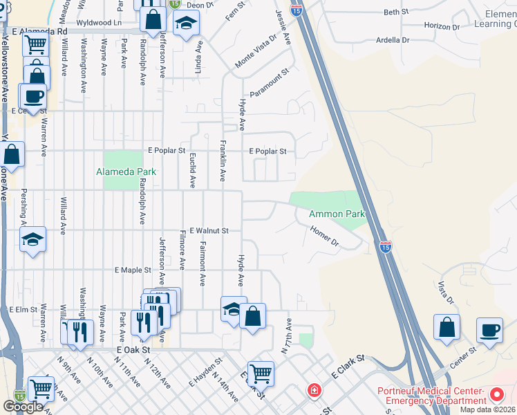 map of restaurants, bars, coffee shops, grocery stores, and more near 1341 Ammon Street in Pocatello