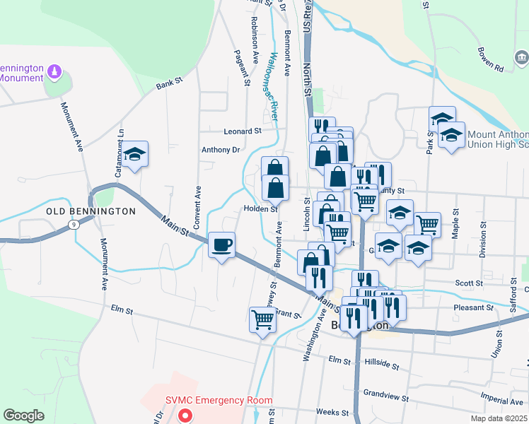 map of restaurants, bars, coffee shops, grocery stores, and more near 121 Holden Street in Bennington