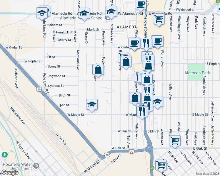 map of restaurants, bars, coffee shops, grocery stores, and more near 449 McKinley Avenue in Pocatello