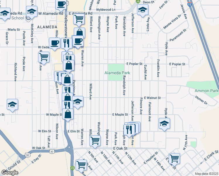 map of restaurants, bars, coffee shops, grocery stores, and more near 456 Wayne Avenue in Pocatello