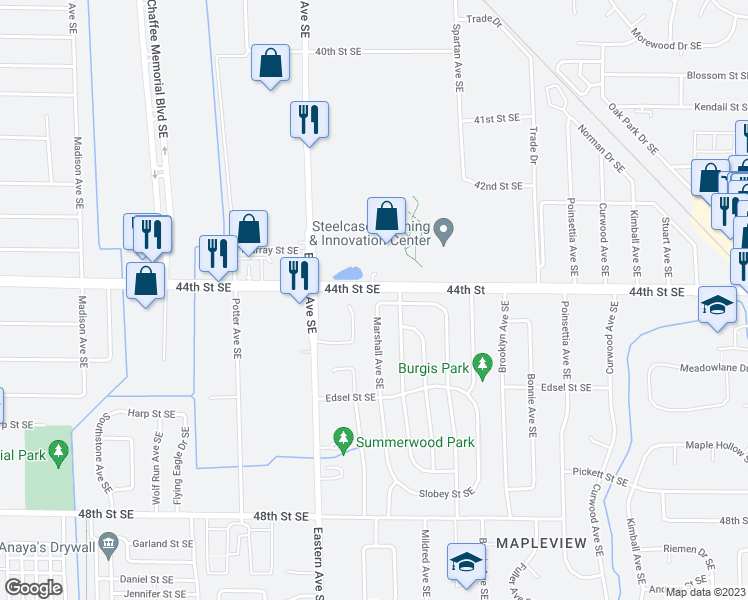 map of restaurants, bars, coffee shops, grocery stores, and more near 4427 Marshall Avenue Southeast in Kentwood