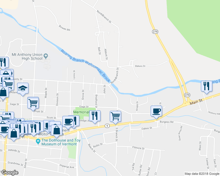 map of restaurants, bars, coffee shops, grocery stores, and more near 234 Branch Street in Bennington