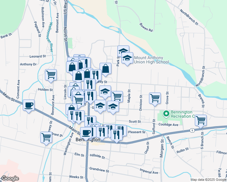 map of restaurants, bars, coffee shops, grocery stores, and more near 323 School Street in Bennington