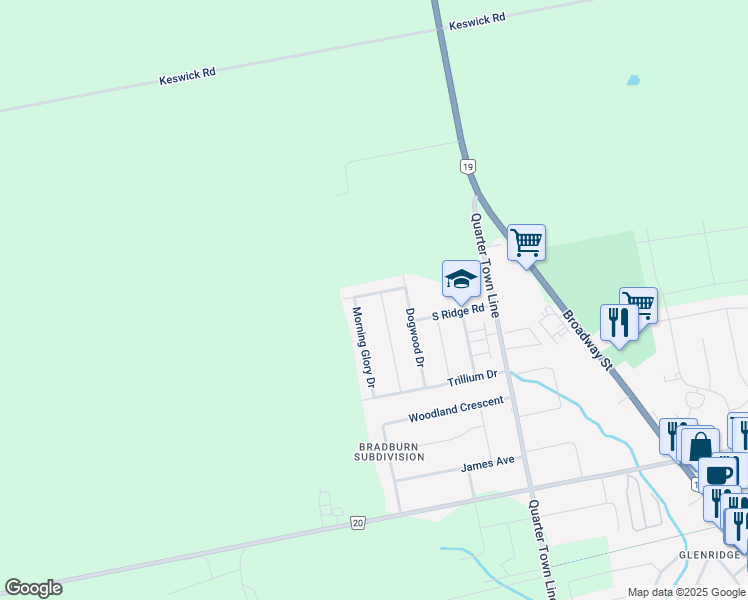 map of restaurants, bars, coffee shops, grocery stores, and more near 36 Morning Glory Drive in Tillsonburg