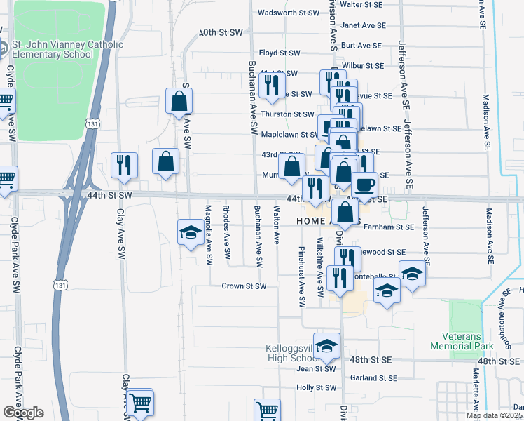 map of restaurants, bars, coffee shops, grocery stores, and more near 4418 Buchanan Avenue Southwest in Grand Rapids