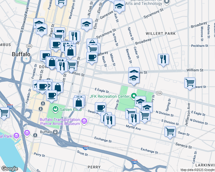 map of restaurants, bars, coffee shops, grocery stores, and more near 425 Michigan Avenue in Buffalo