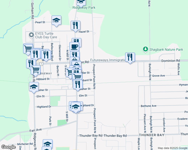 map of restaurants, bars, coffee shops, grocery stores, and more near 342 Prospect Point Road North in Fort Erie