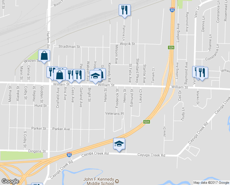 map of restaurants, bars, coffee shops, grocery stores, and more near 82 Frederick Street in Buffalo