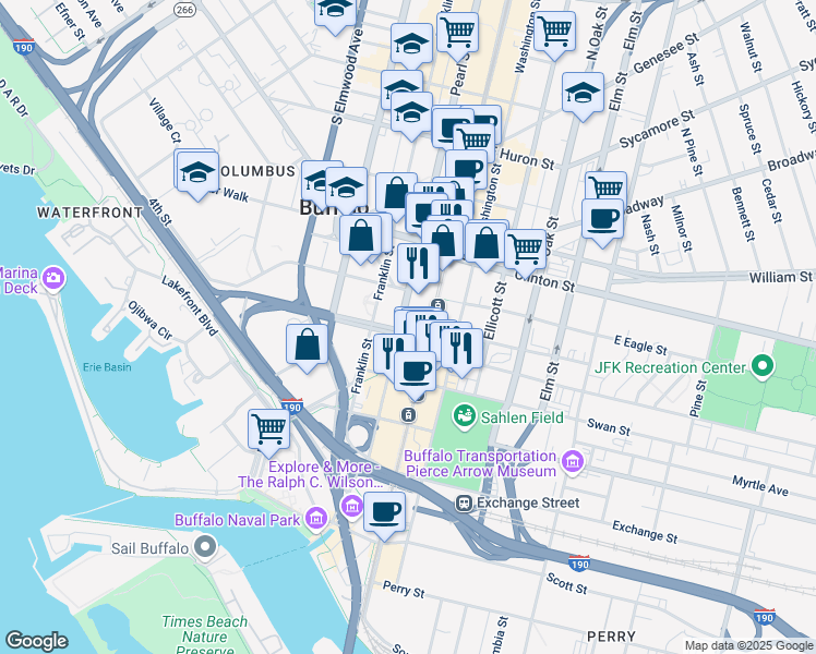 map of restaurants, bars, coffee shops, grocery stores, and more near 11 Church Street in Buffalo