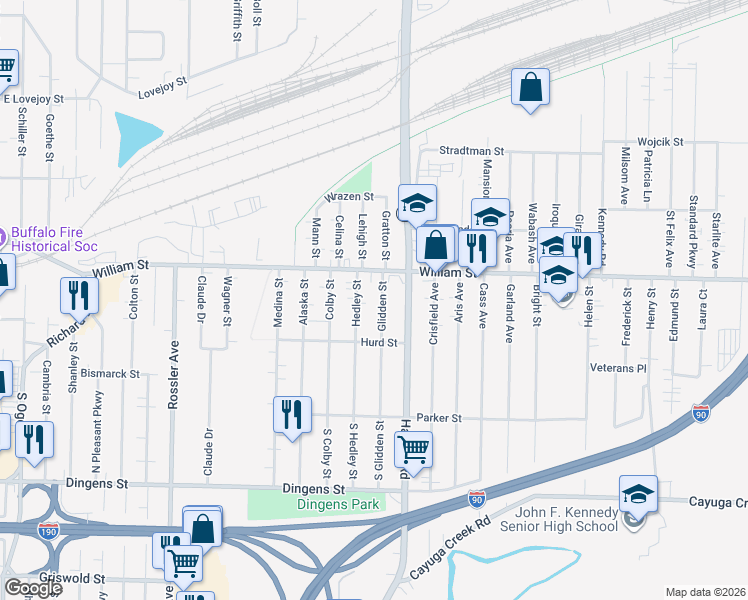 map of restaurants, bars, coffee shops, grocery stores, and more near 122 Glidden Street in Buffalo