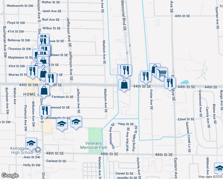 map of restaurants, bars, coffee shops, grocery stores, and more near 4417 Julivan Avenue Southeast in Kentwood