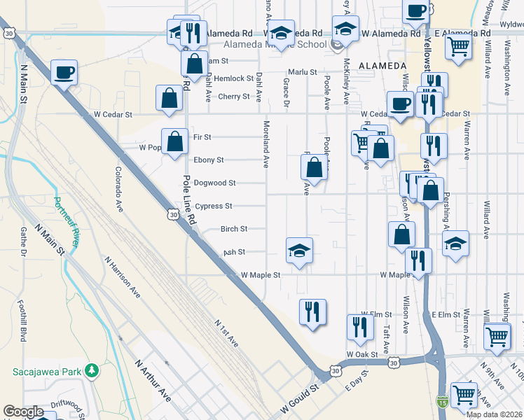 map of restaurants, bars, coffee shops, grocery stores, and more near 707 Cypress Street in Pocatello