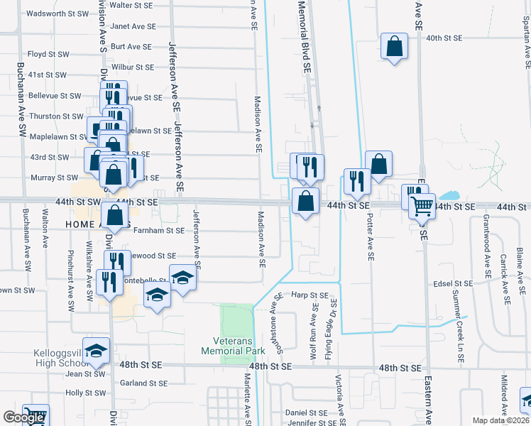map of restaurants, bars, coffee shops, grocery stores, and more near 4417 Julivan Avenue Southeast in Kentwood