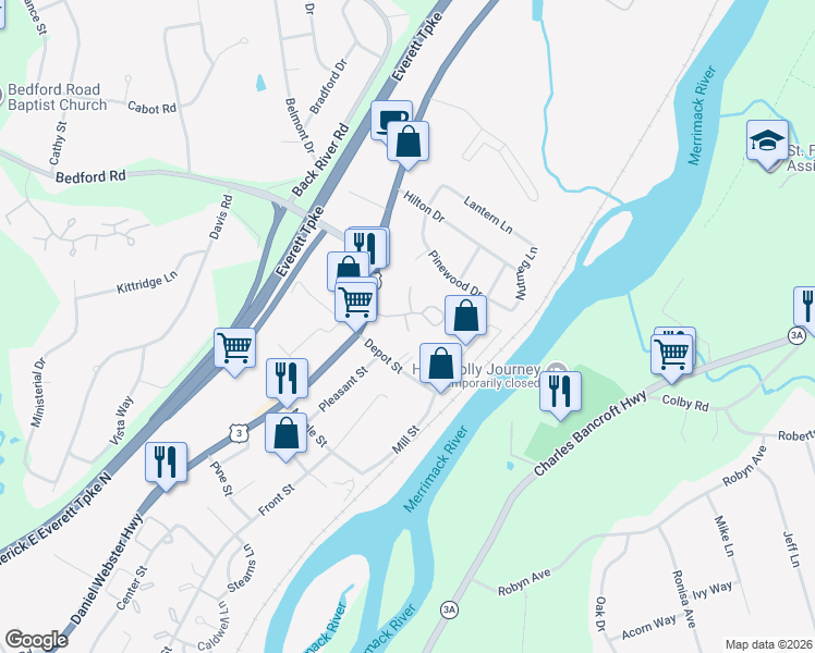 map of restaurants, bars, coffee shops, grocery stores, and more near 8 Oriole Court in Merrimack