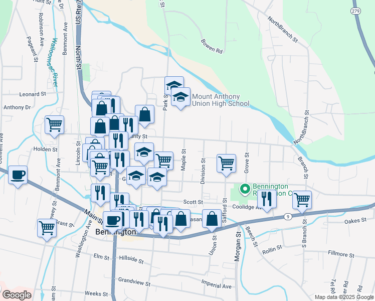 map of restaurants, bars, coffee shops, grocery stores, and more near 235 Maple Street in Bennington