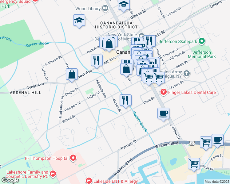 map of restaurants, bars, coffee shops, grocery stores, and more near 100 Bristol Street in Canandaigua