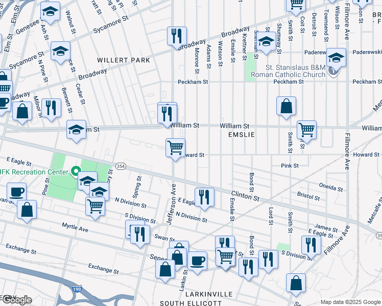 map of restaurants, bars, coffee shops, grocery stores, and more near 38 Howard Street in Buffalo