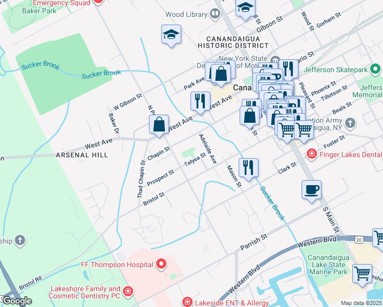 map of restaurants, bars, coffee shops, grocery stores, and more near 162 Telyea St in Canandaigua