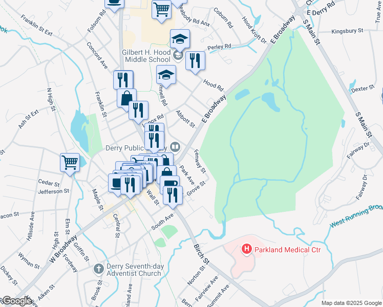 map of restaurants, bars, coffee shops, grocery stores, and more near 4 Fenway Street in Derry